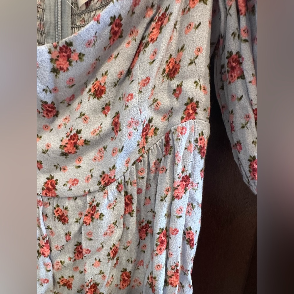 Reformation Blue Mini Dress with Red and Pink Ditsy Florals
